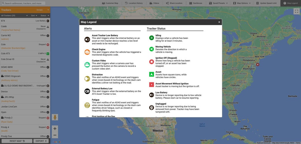 Screenshot of Linxup's vehicle tracking system showing map legend and tracker status on a dashboard