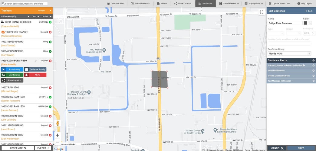 Screenshot of Linxup GPS tracking interface showing vehicle locations and geofencing feature