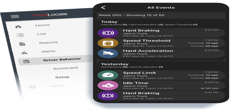 screenshots of Spireon mobile app showing real-time driver behavior and vehicle alerts