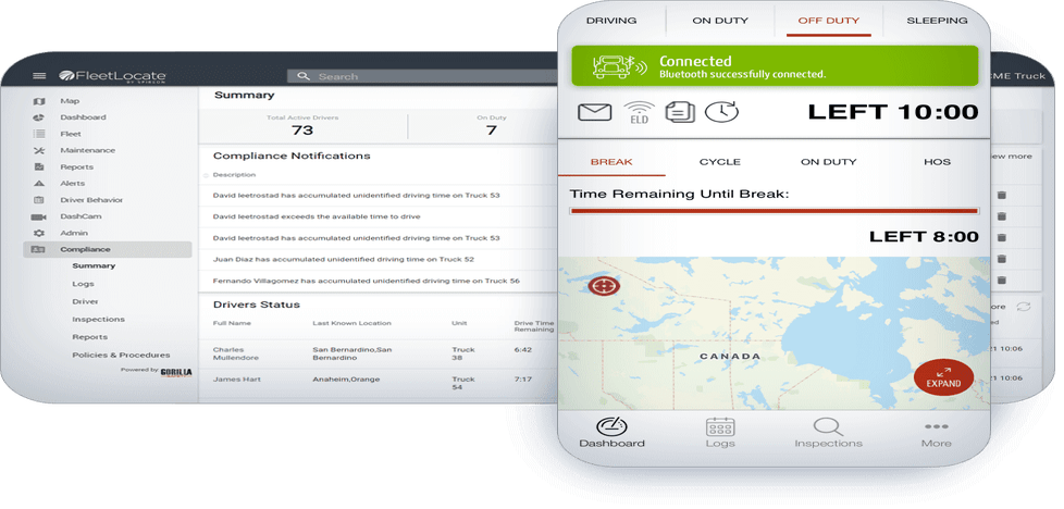 A Spireon FleetLocate interface displaying driver HOS compliance notifications