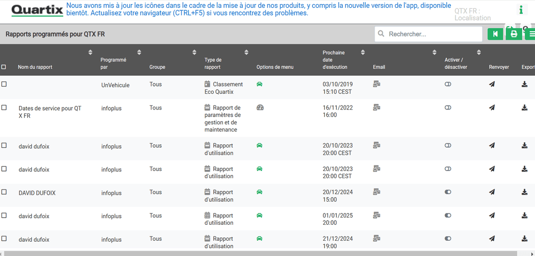 capture d&rsquo;&eacute;cran de la liste de rapports programm&eacute;s sur le logiciel Quartix