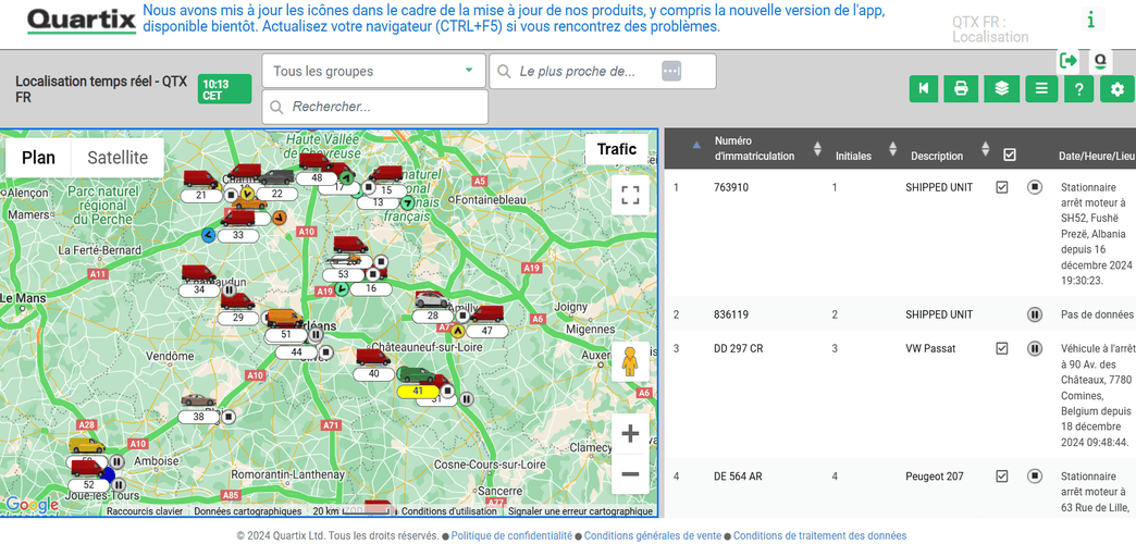 Capture d&rsquo;&eacute;cran de la carte suivi de v&eacute;hicule du logiciel Quartix