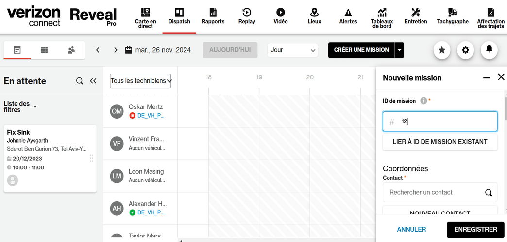 Capture d&rsquo;&eacute;cran de la cr&eacute;ation d&rsquo;une nouvelle mission conducteur sur Verizon Connect