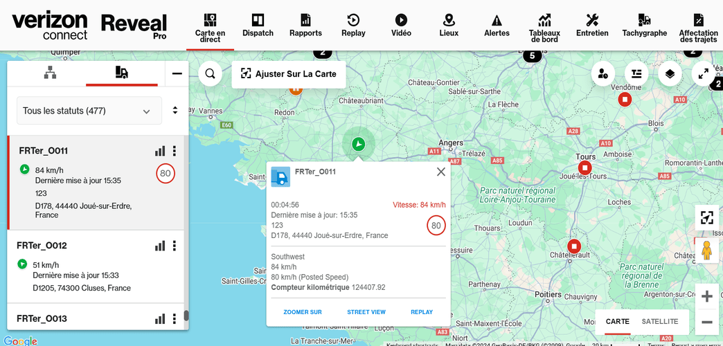 capture d&rsquo;&eacute;cran de la carte de suivi en temps r&eacute;el de Verizon Connect