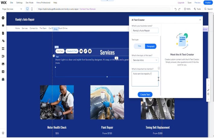 screenshot of Wix editor with overlaid menu of AI text generator tool