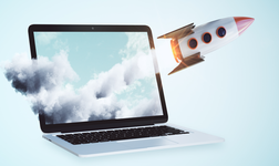 A rocket blasting off from a computer screen.