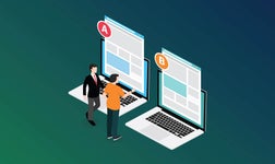 Illustration showing two small men in front of two giant laptops labelled A and B