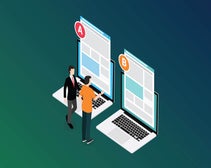 Illustration showing two small men in front of two giant laptops labelled A and B
