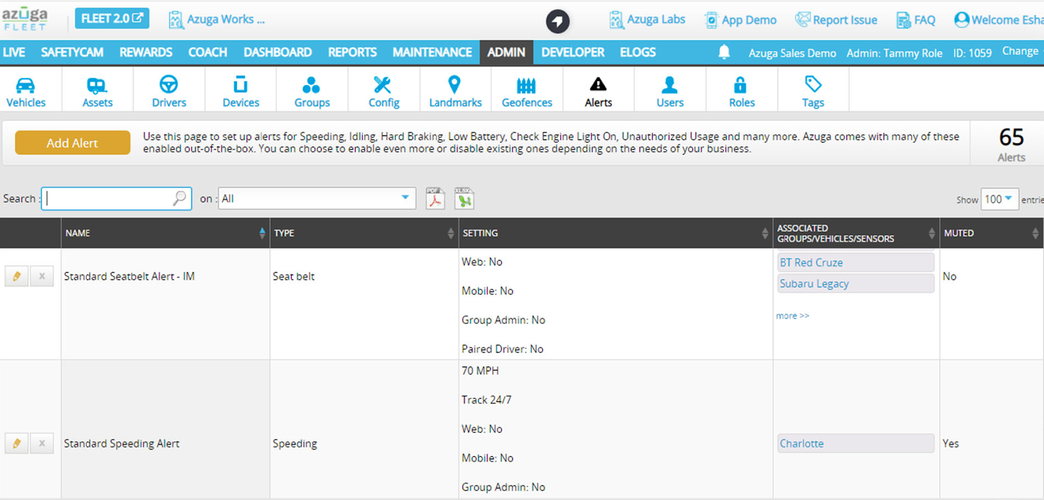 screenshot of Azuga Alerts tab