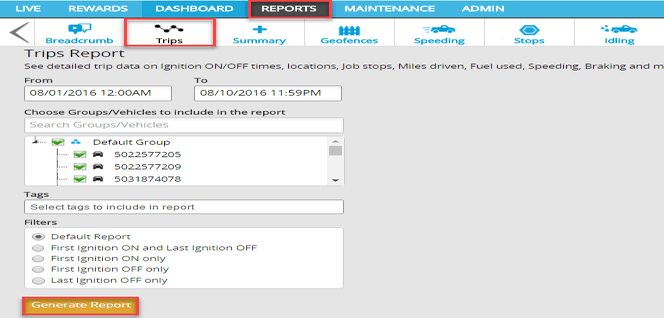 Screenshot of Azuga trip reports tool