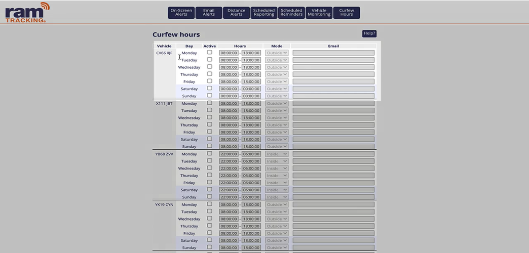 screenshot of RAM vehicle curfew alerts settings