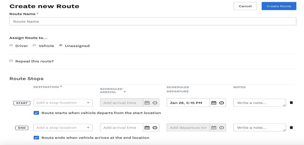 Screenshot of route creation tool on Samsara GPS tracking