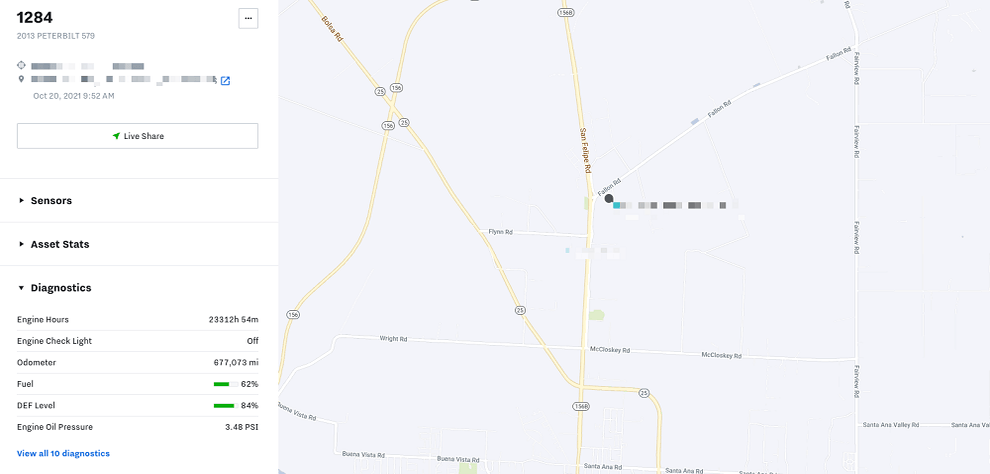 Screenshot of Samsara vehicle diagnostics page