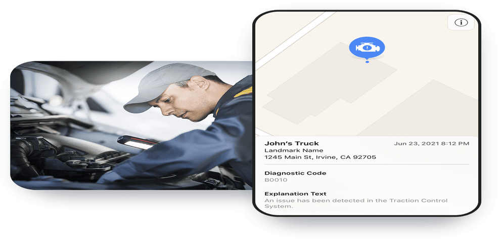 Spireon engine health report spliced against image of driver in front seat