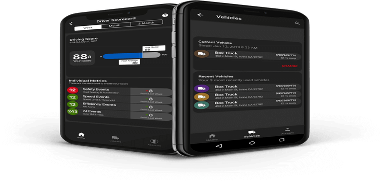 Two phones featuring Spireon GPS tracking app interface