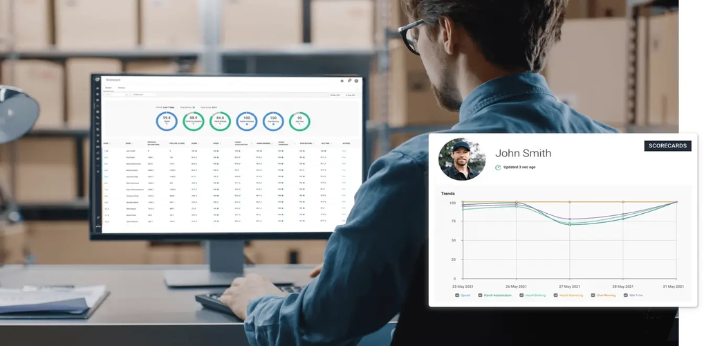 manager at desk viewing driver scores on Teletrac Navman dashboard