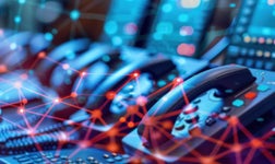 Desk telephones sat in a line.