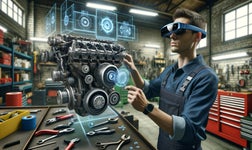 mechanic with VR goggles working on truck engine