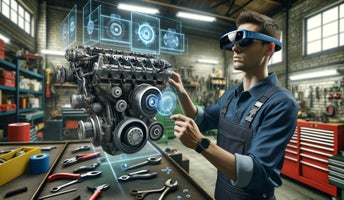 mechanic with VR goggles working on truck engine