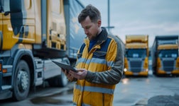 A man with a clipboard reviews data about his fleet management lifecycle.