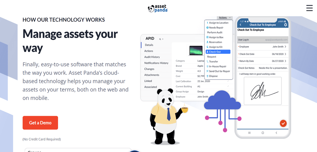 Screenshit Asset Panda page displaying asset management software on phone and desktop