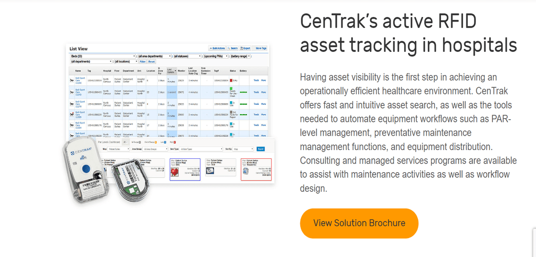 Screenshot of Centrak website page showing and describing RFID tracking solution
