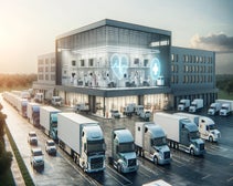 A modern medical clinic with trucks parked nearby