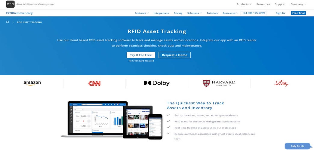 Screenshot of EZOfficeInventory&rsquo;s RFID asset tracking page, with an image of the EZOfficeInventory user interface on a laptop, tablet, and phone