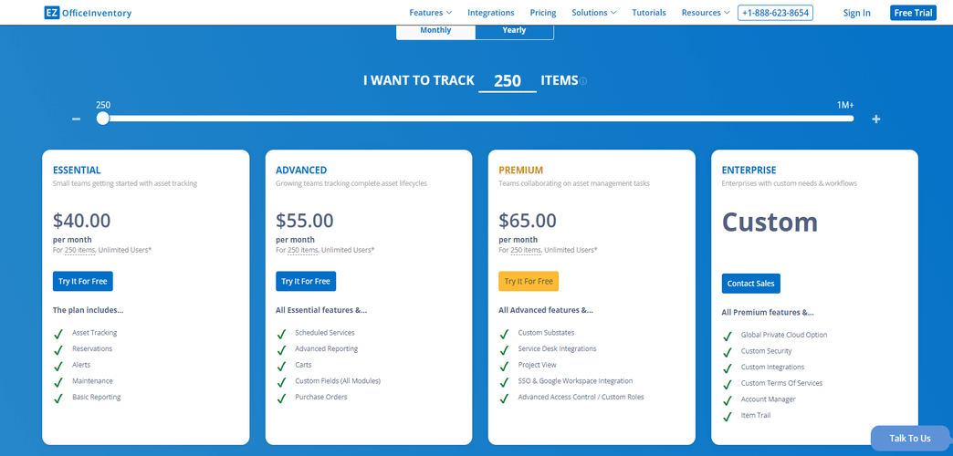 Screenshot of EZOfficeInventory pricing page