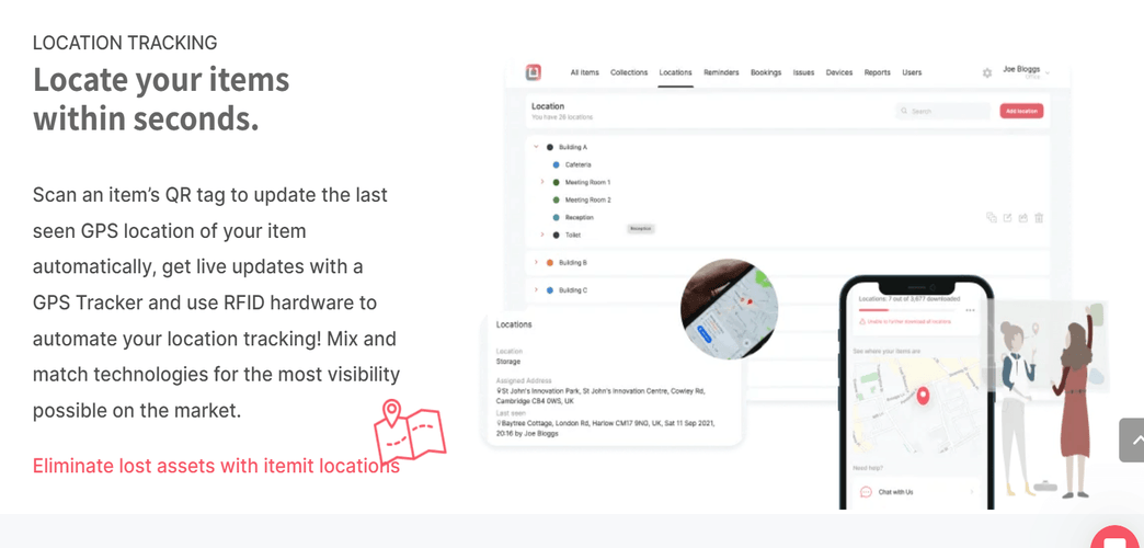 Screenshot of Itemit website showing location tracking software with description of solutions