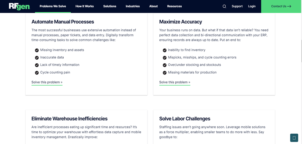 Screenshot of RFGen website showing solutions they provide