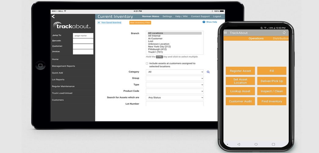 Marketing image of TrackAbout&rsquo;s inventory tracking on a tablet and smartphone