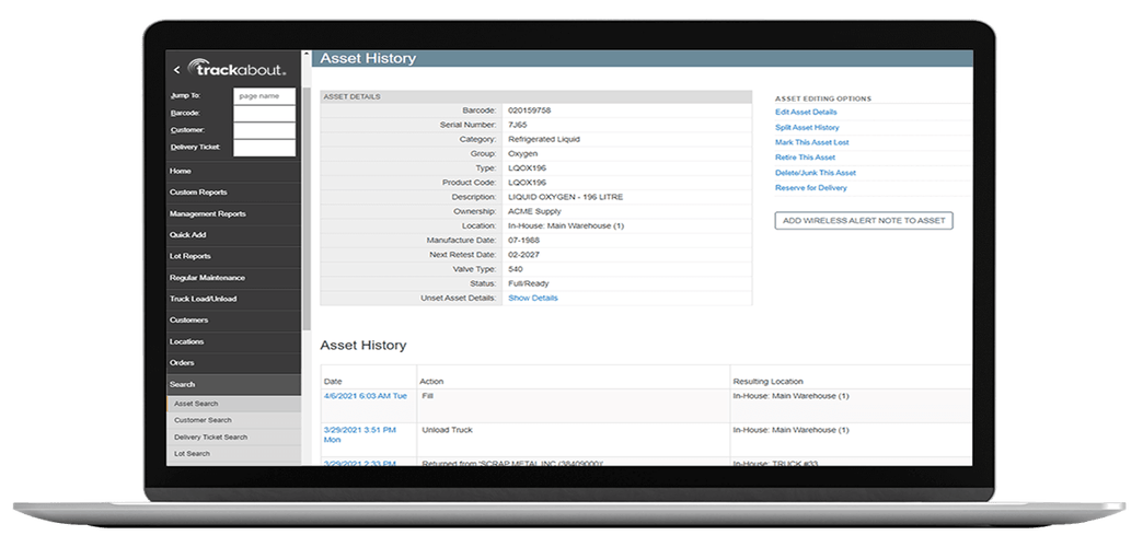 Laptop showing TrackAbout asset tracking software