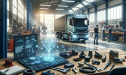 a workshop with an AI diagnostic tool connected to a fleet vehicle, displaying real-time truck maintenance data on a screen