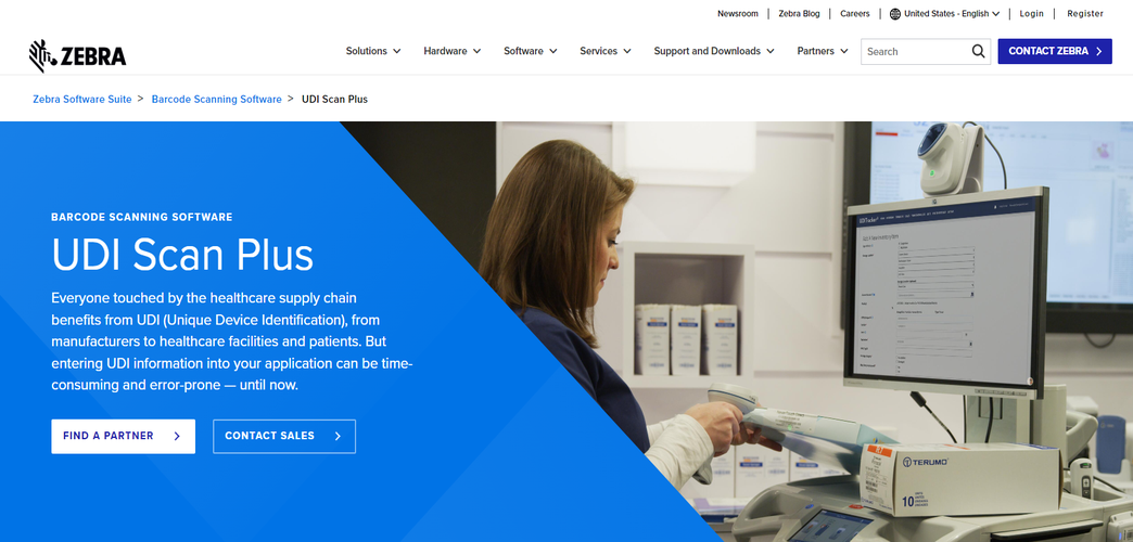 Screenshot of Zebra website page about UDI scan software for healthcare