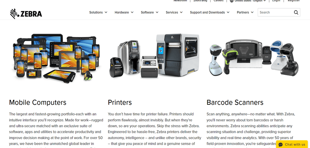 screenshot of Zebra website page displaying hardware selection