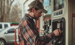 A trucker pays for gas at the pump.