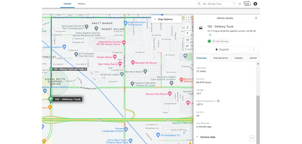 Screenshot from GPS Insight software showing map view and driver pane