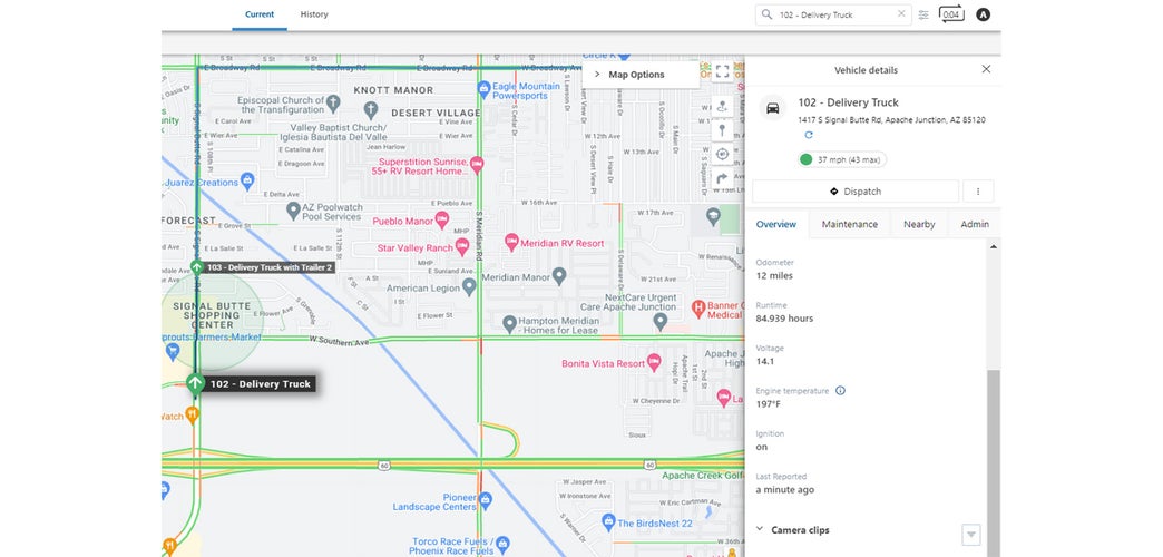 Screenshot from GPS Insight software showing map view and driver pane