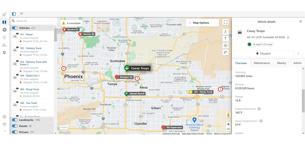 Map View on the GPS Insight software app showing different driver positions and details