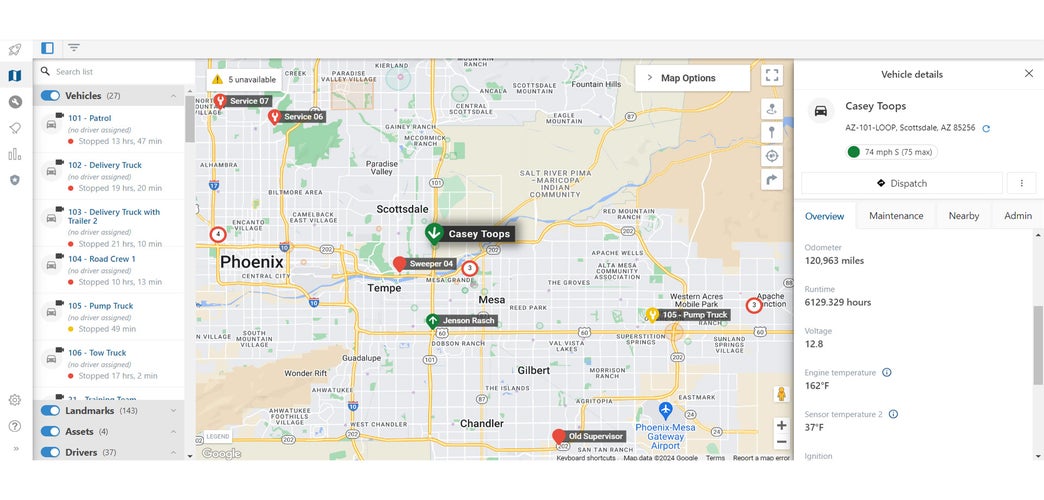 Map View on the GPS Insight software app showing different driver positions and details