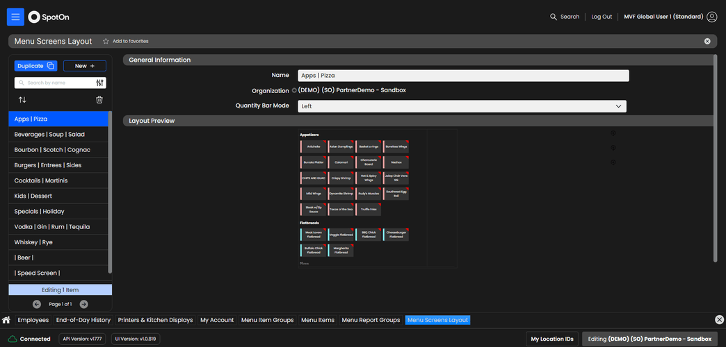 Screenshot of menu screen in SpotOn POS