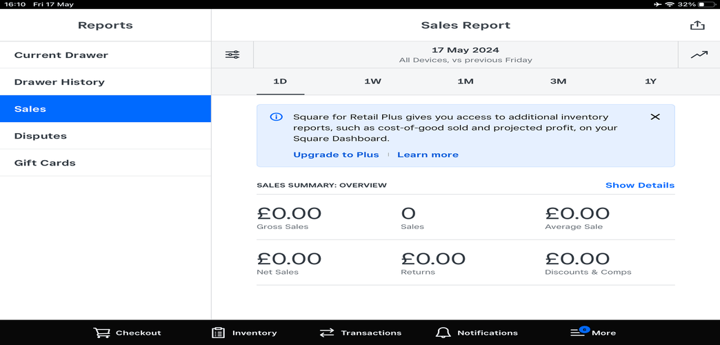 Screenshot of Square POS sales reports