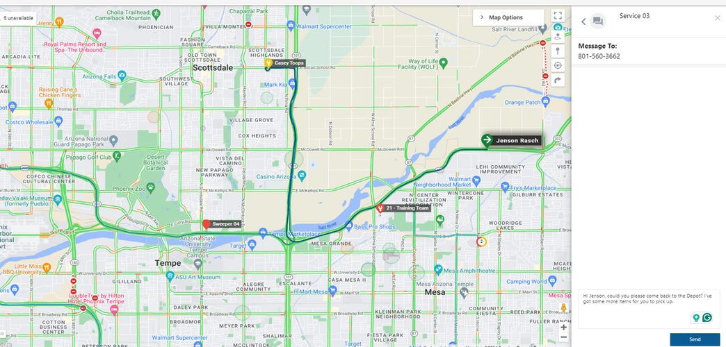 GPS Insight map view showing a driver's route in a green line on Google Maps, with a pane featuring an SMS message to the driver