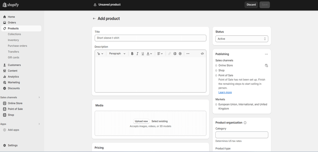Screenshot of product manual entry in Shopify online store