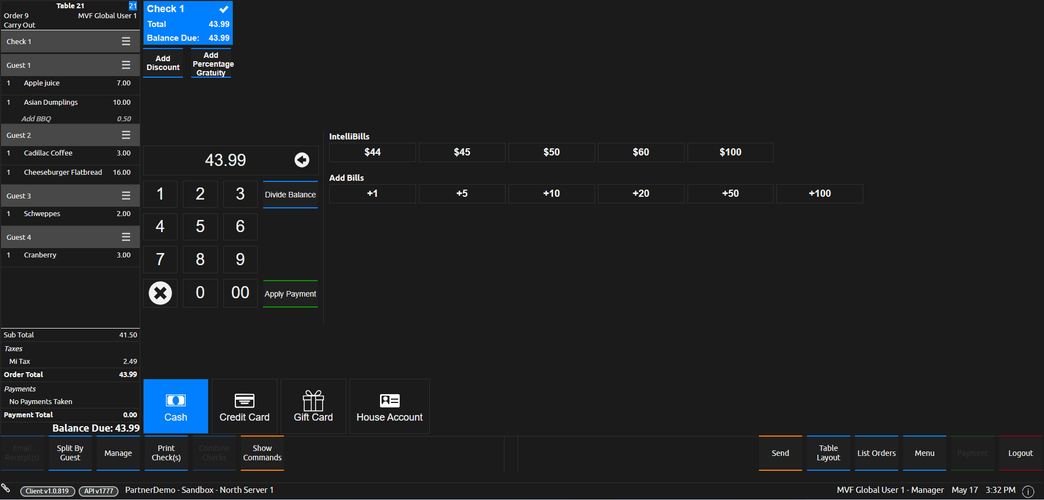 screenshot of bill sequence for SpotOn restaurant POS