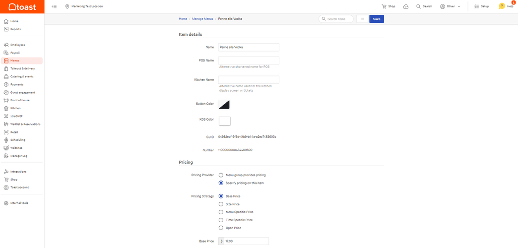 screenshot of adding menu items in Toast POS backend