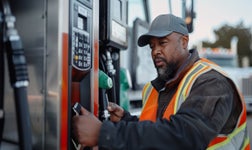 A man uses a fuel pump with a fuel card.