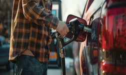 A trucker fills up his truck with a gas pump