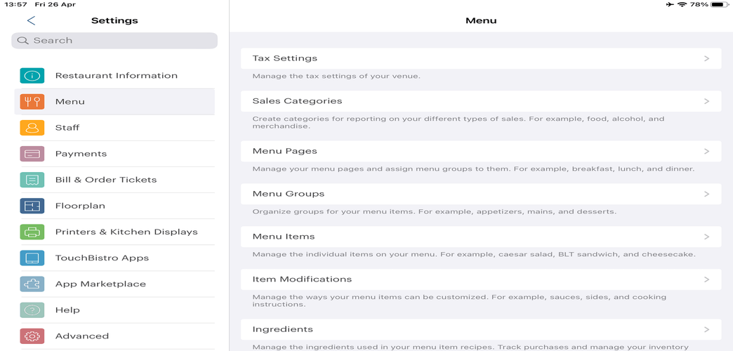 Screensot of TouchBistro POS menu dashboard